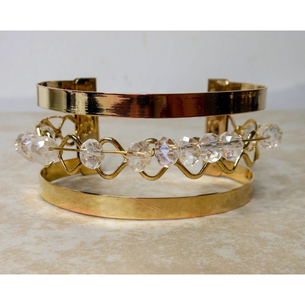 Vintage Art Deco Style Rhinestone Gold Tone Cuff Bracelet , Sliding Beads